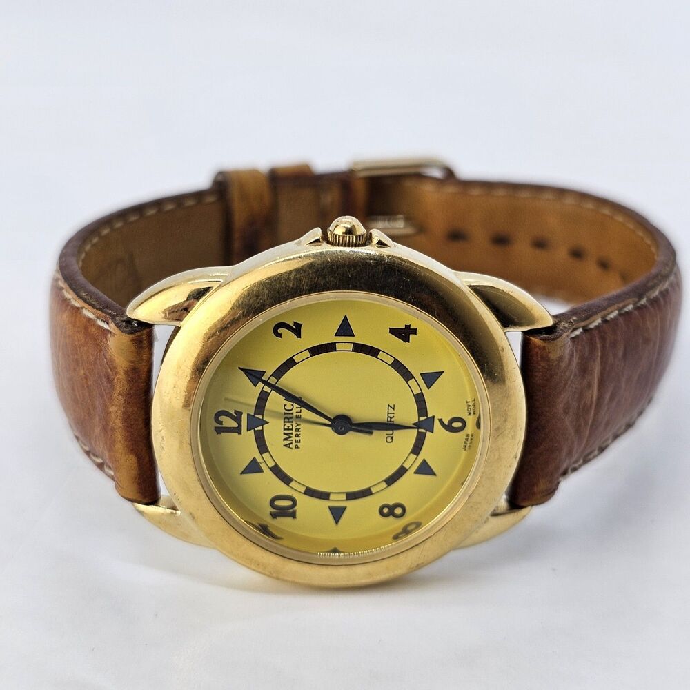 Perry Ellis 34MM Women's Watch Yellow Dial‎ Brown Leather Bands New Battery
